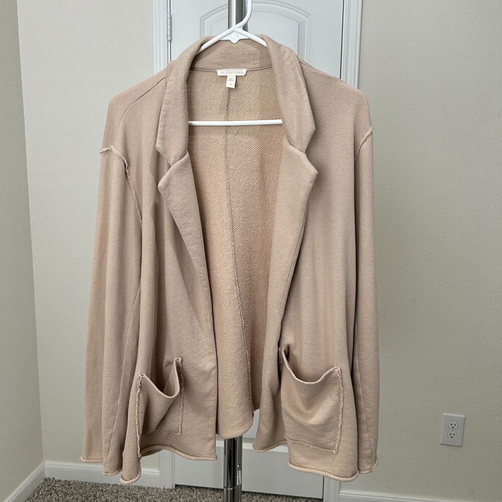 Eileen Fisher Blazer Womens Large Beige Organic Cotton Terry Lightweight Minimal